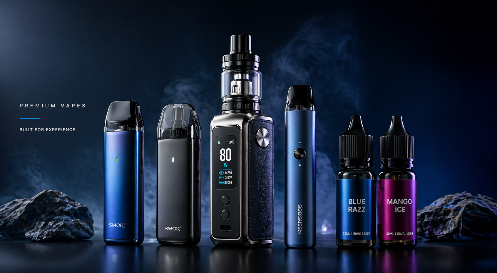 Collection of vaping devices and e-liquid bottles on a dark background with smoke effects.