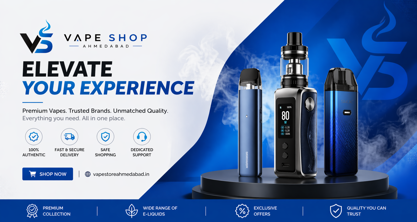 Vape shop ahmedabad with vaping devices on a blue and white background